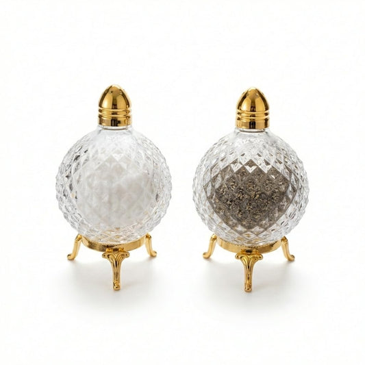 Crystal Glass Salt and Pepper Shakers with Gold Metal Stand and Lid, Diamond Cut Design, 4.33 Inches Height, 2 Piece Set