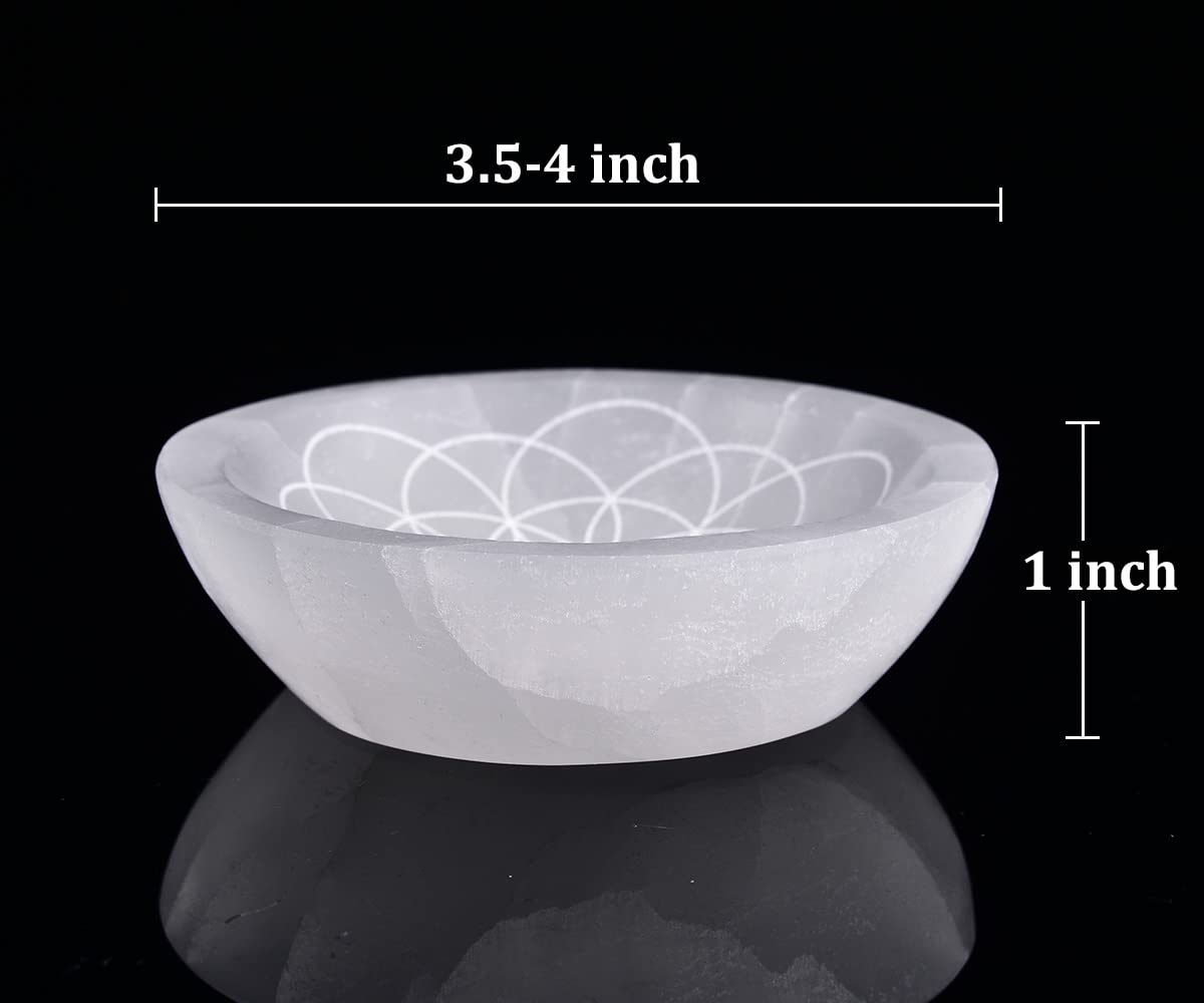 JIC Gem Etched Selenite Bowl Moroccan Selenite Crystal Stone Bowl Healing Crystals Charging Plate Round Engraved Crystal Matrix 3.5-4 inch