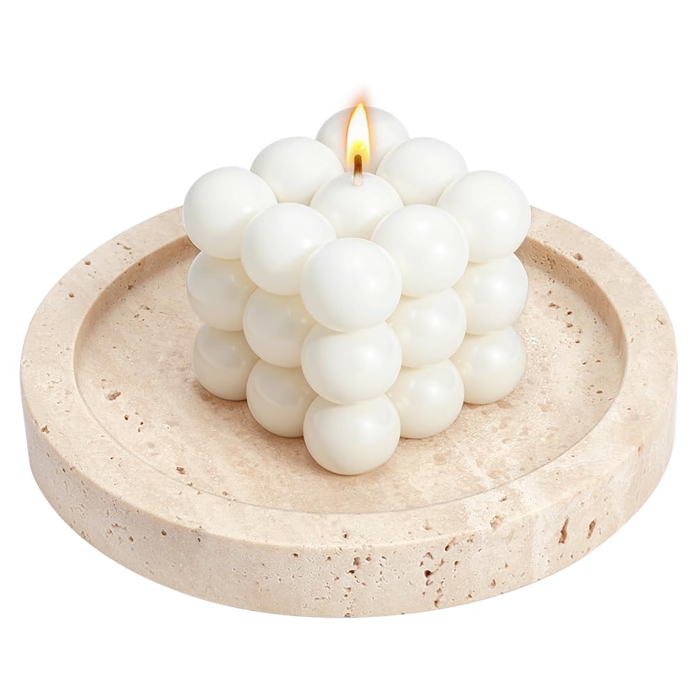 EVERJOYCRAFT Natural Travertine Candlestick Holder 6'' Diameter Round Stone Jewelry Display Plate 1'' Thick Candle Tray with 8 Adhesive Silicone Bumper Minimalist Modern Plate Holder Home Decor