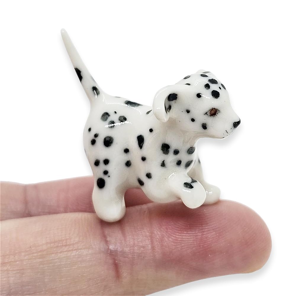 WitnyStore Tiny 1¼" White Black Spotted Walking Dalmatian Pup Dog Figurine - Miniature Hand Made Painted Ceramic Dogs Puppy Canine Animals Cute Porcelain Decorative Collectible Figures Décor Gifts