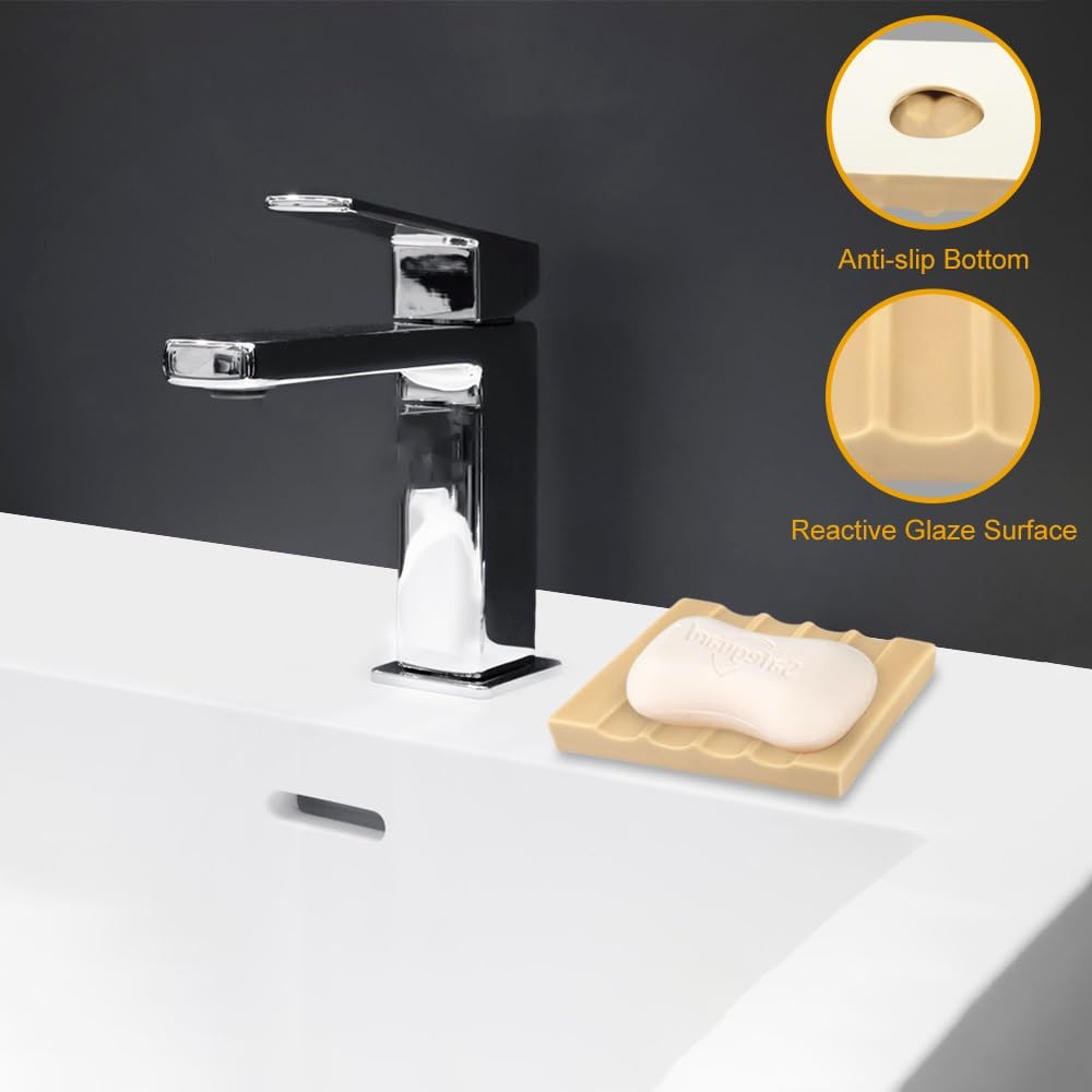 Bochino Soap Dish for Bathroom Sink and Shower Ceramic Soap Tray, Small Bar Soap Holder with Drainage Non-Slip Luxury Bathroom Decor Accessories (Khaki)