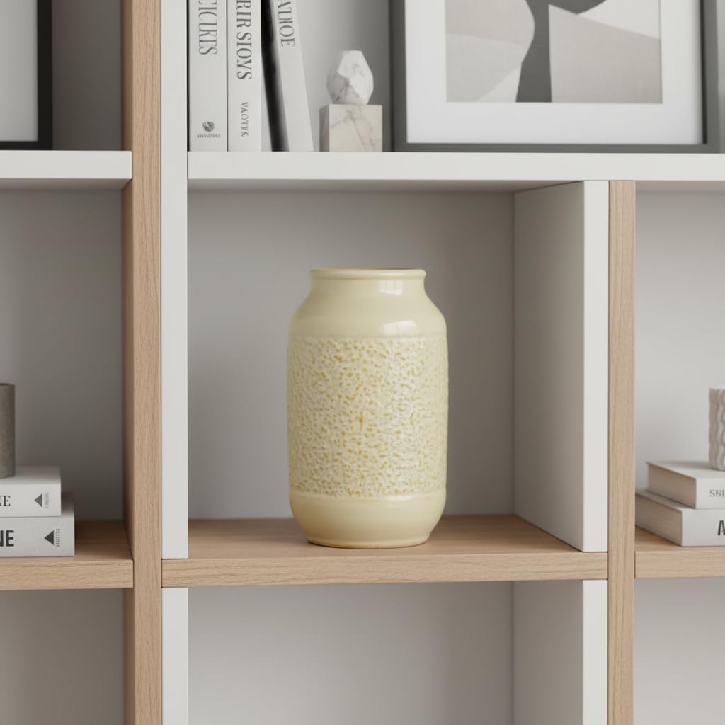 Wancetang Beige Ceramic Vase for Flowers - 9 Inch Textured Cream Vase for Pampas Grass, Modern Farmhouse Vases for Home Decor, Table Centerpiece, Shelf, and Mantle Decor