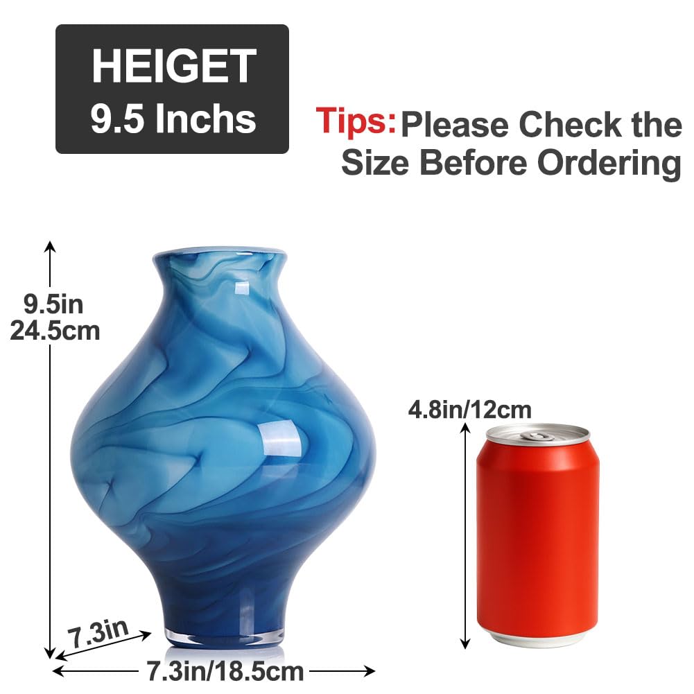 Hand Blown Blue Glass Vase, 9.5" Unique Blue Decor Glass Vases, Modern Hand Blown Glass Vase Decor for Home Living Room, Office, Table centerpieces, Shel, Kitchen, Bathroom Decorative