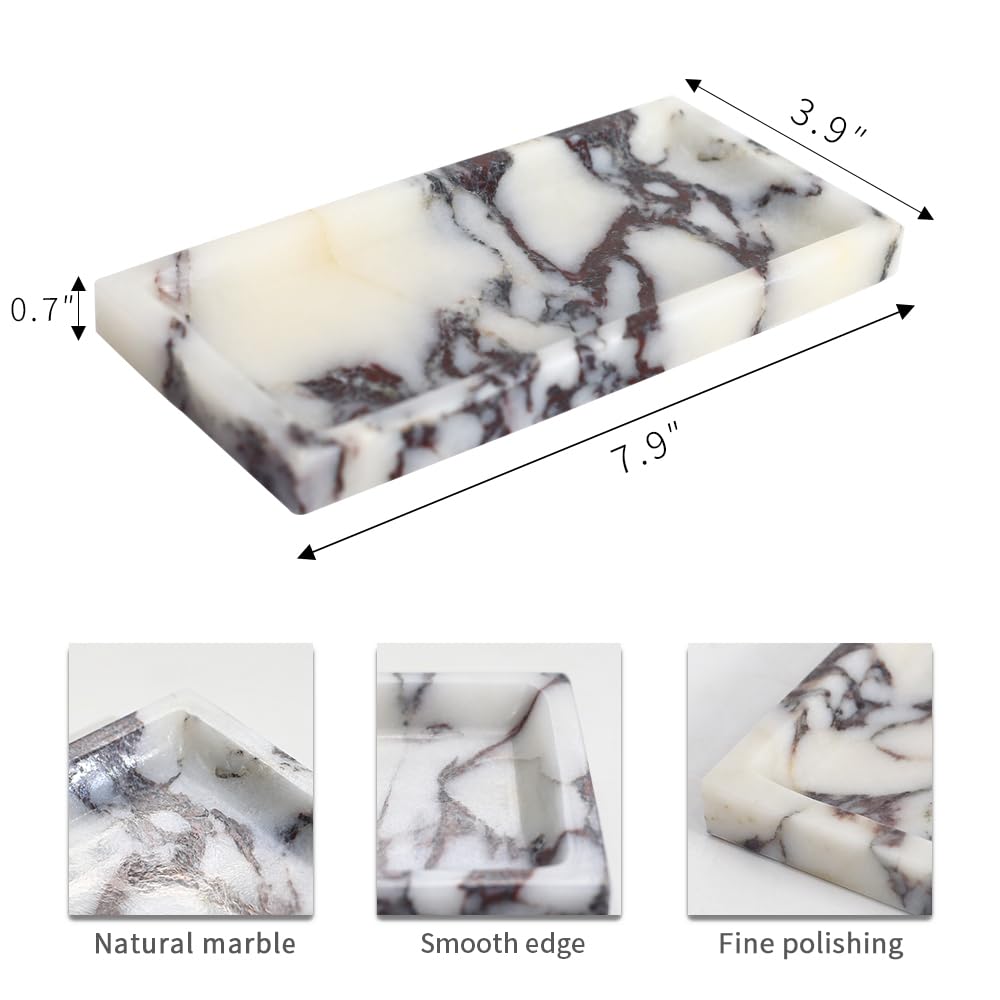 Small Marble Bathroom Tray, Real Marble Vanity Tray, Natural Stone Organizer for Countertop, Mini Marble Organizer for Jewelry Perfume Towel, Non-Resin Non-Ceramic (Calacatta Viola 7.9″ x 3.9″ x 0.7″)
