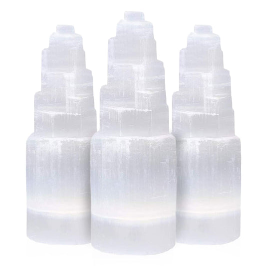 NORTHLANDZ Selenite Crystal Skyscraper Tower, Healing & Calming Effects, Cordless Meditation Stones, 10 cm Each – 3 Pack, White