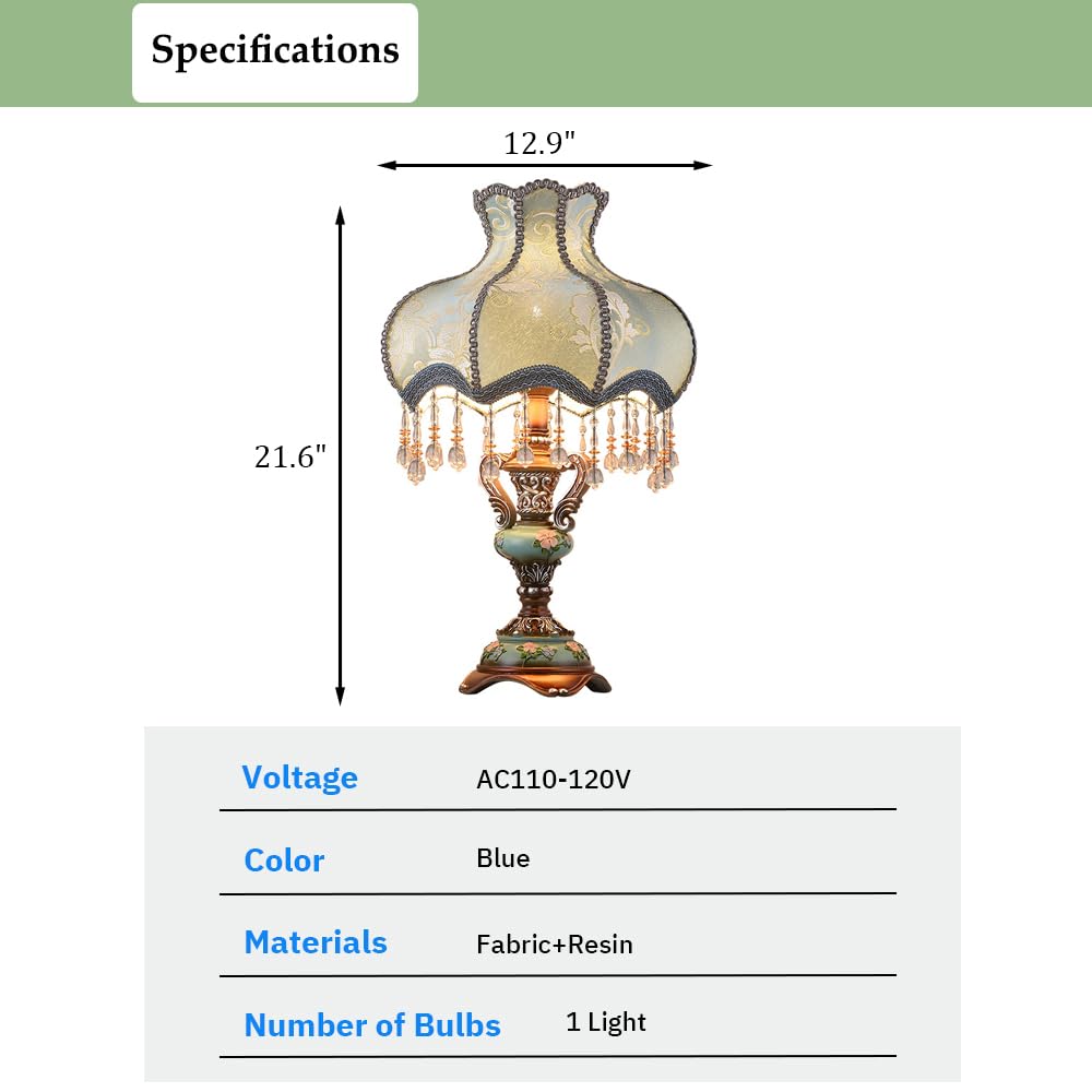 Aeyee Lovely Table Lamp with Fabric Lampshade, Antique Flower Decorative Bedside Desk Lamp, Crystal Night Light for Bedroom Nightstand, Blue Finish
