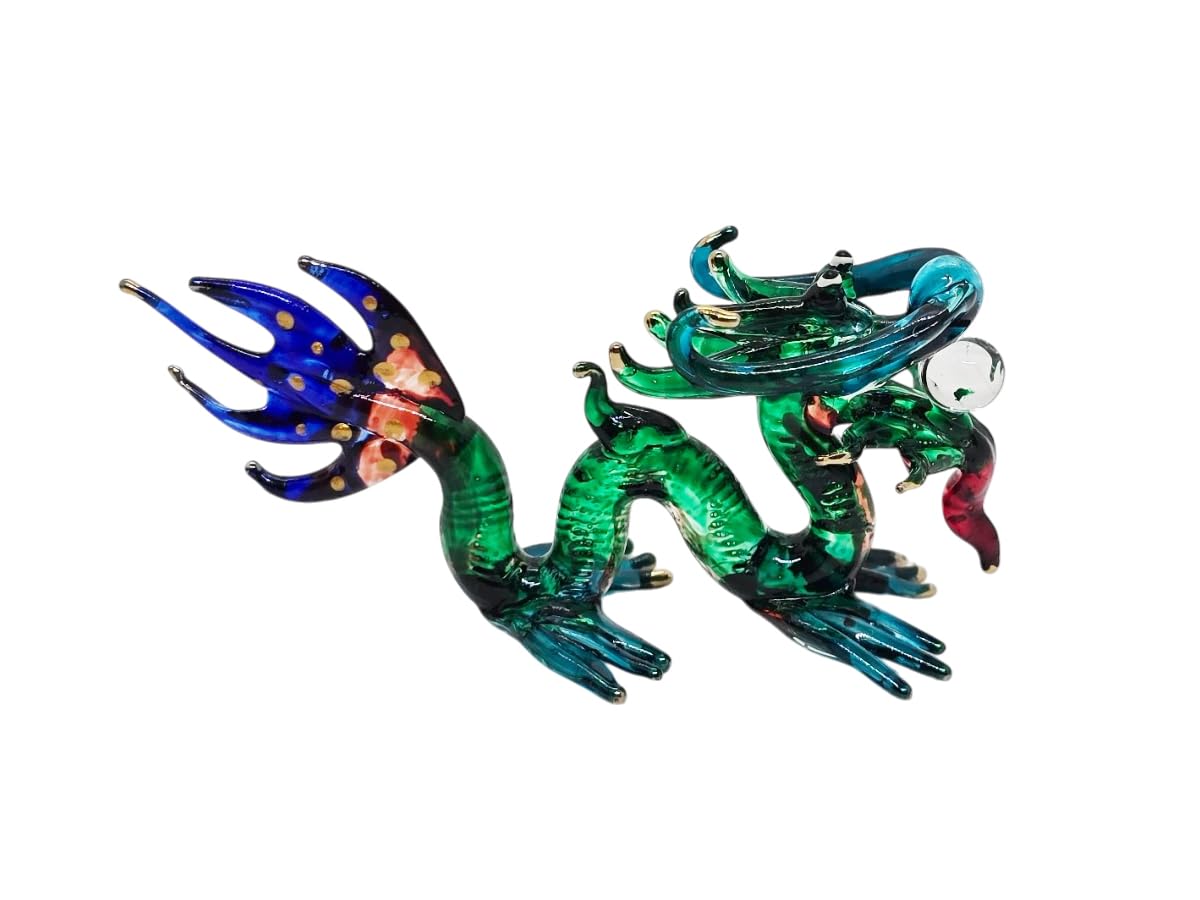 WitnyStore 3" Green Blue Chinese Asian Dragon Artistic Blown Glass Figurine Hand-Blown Statue Tabletop Decoration Unique Collectible for Adult Collectors Handcrafted Elegant Home Room Decor