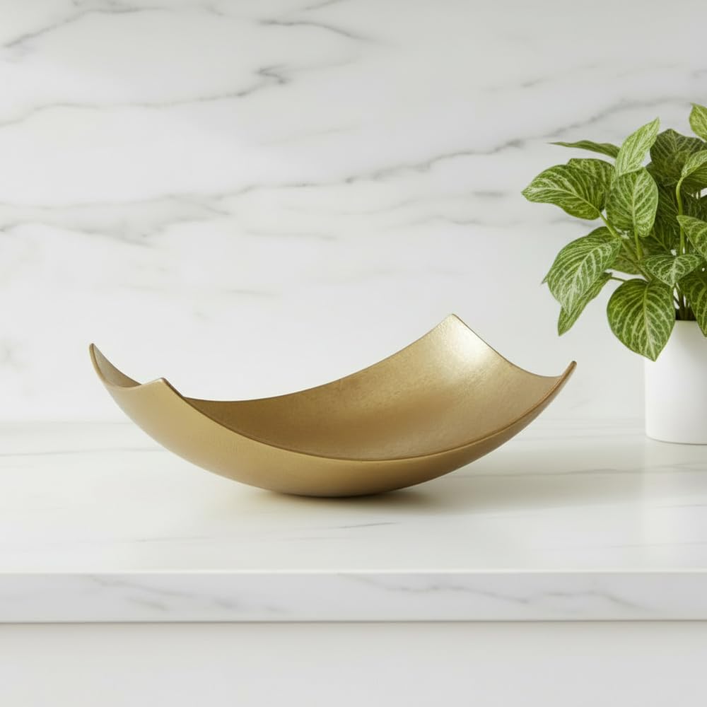 Cucha Large Aluminum Scoop Dish, Gold Finish, Modern Tabletop Décor for Kitchen, Home or Office – Use as Nut Tray, Key Holder, Change Dish, or Coffee Table Centerpiece, 17.25" x 9.75" x 5.5
