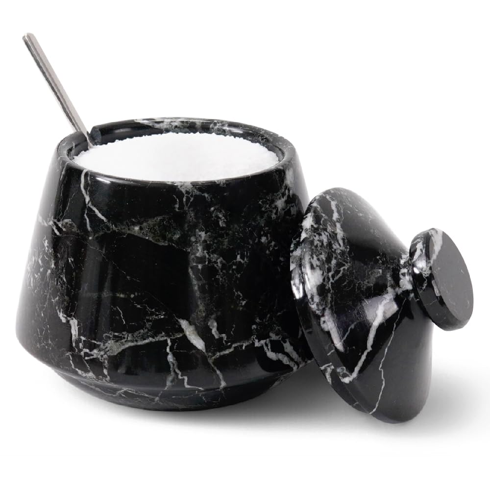 EARTHEN CRAFTS Marble Salt Cellar With Lid & Spoon Black 4" Inch Handmade Salt Holder Stone Salt Storage Seasoning Container, Sugar Bowl, Salt Dish, Salt Box & Spice Jar for Kitchen Countertop