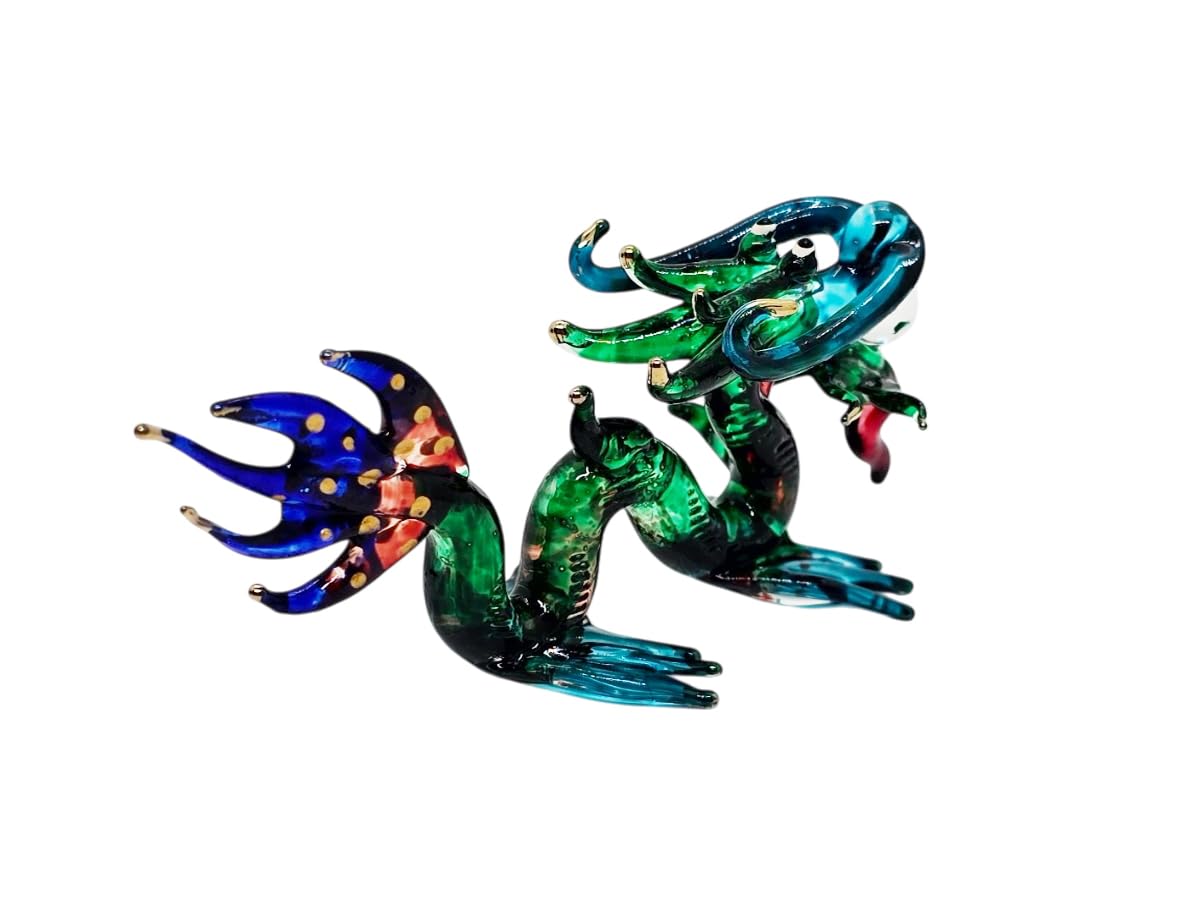 WitnyStore 3" Green Blue Chinese Asian Dragon Artistic Blown Glass Figurine Hand-Blown Statue Tabletop Decoration Unique Collectible for Adult Collectors Handcrafted Elegant Home Room Decor