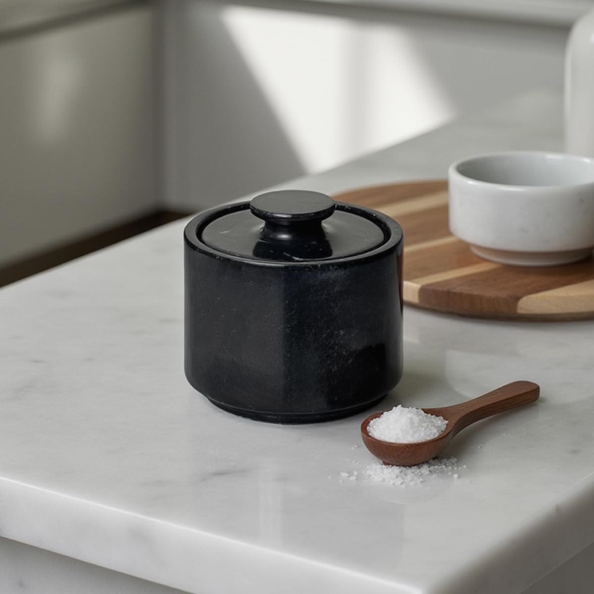 Marmor Krafts Handcrafted 3-Inch Black Single Marble Salt Cellar with Lid | Elegant Kitchen Decor, Salt Keeper Bowl, Spice Jar | Perfect for Flaky Sea Salt & Himalayan Pink Salt