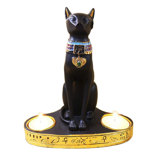 KiaoTime Ancient Egypt Egyptian Bastet Cat Goddess Statue Collectible Figurine Bastet Cat Sculpture with 2 Tea Light Candle Holder (Cat Statue with Candle Holder)