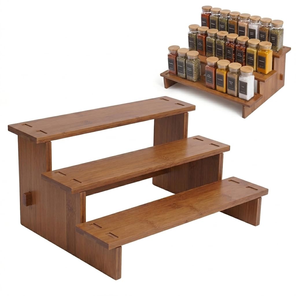 Pinkrin Bamboo Spice Rack Organizer for Cabinet, 3 Tier Wooden Tiered Spice Shelf for Countertop, Standing Kitchen Seasoning & Spice Jar Racks for Pantry, Inside Cabinets & Cupboard