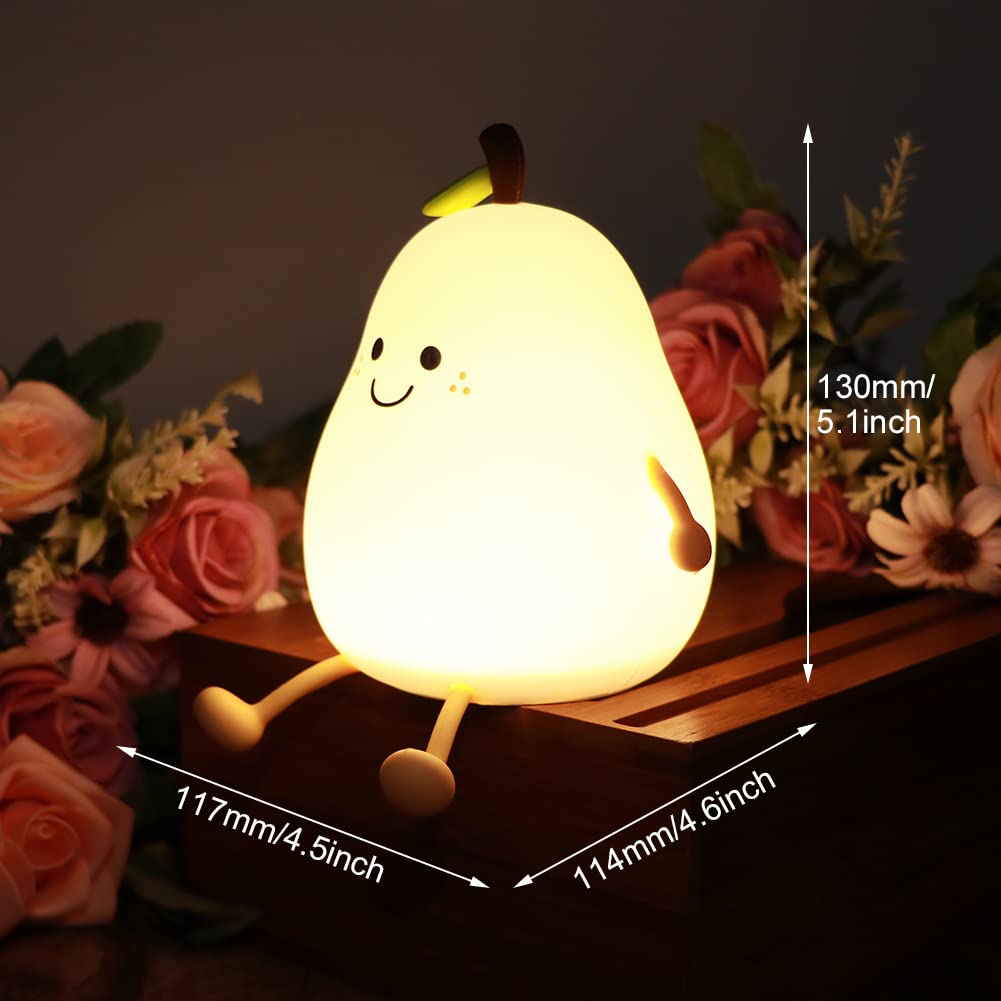 LED Cute Pear Night Light, Rechargeable Silicone Fruit Night Lamp, Kawaii Bedside Lamp, 2 Modes (Warm Light/Multicolor), 30/60 Min Timing, Eye-Protection Portable Nursery Lamp