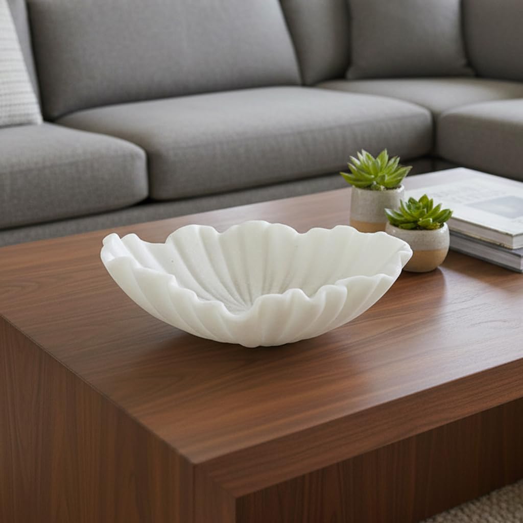CSjihua Scalloped Sandstone Resin Decorative Bowl - 11.7" Off-white Large Key Bowl for Entryway Table, Jewelry, Keys, Fruits, Home & Office Centerpiece Decor