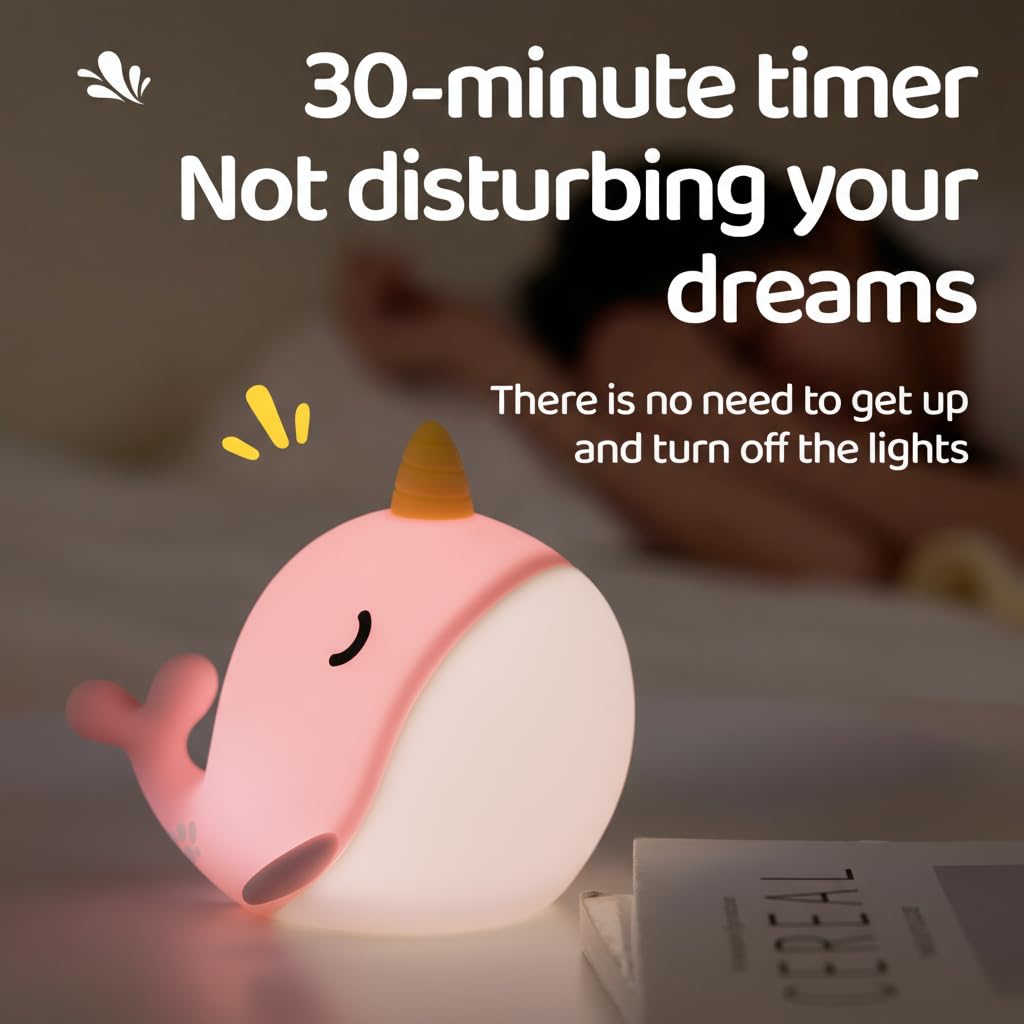 faralite Cute Whale Night Lights, Soft Narwhal Silicone LED Night Lamp, Rechargeable Nursery Lamp with 3-Level Dimmable, 30mins Auto-Off, Lovely Room Decor for Bedside, Bedroom(White Light)