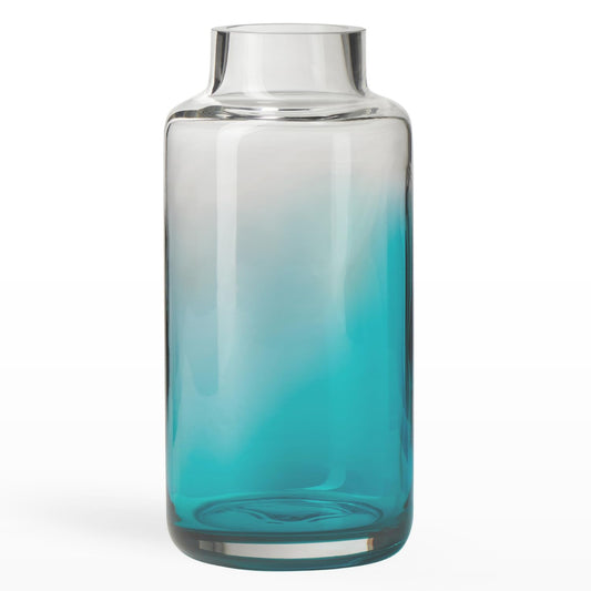 Torre & Tagus 10" Clear to Teal Glass Vase - Mouth Blown Ombre Gradient Vase for Flowers, Modern Coastal Decor for Flowers & Watertight Clear Glass Flower Vases for Entryway, Living Room & Wedding