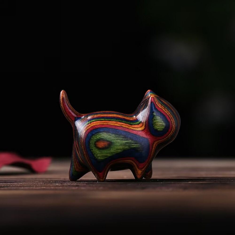 HLbshi Handmade Rainbow Wooden cat Figurine Wood Animal Statue Desk Home Decor 1.5'' (Eyeless)