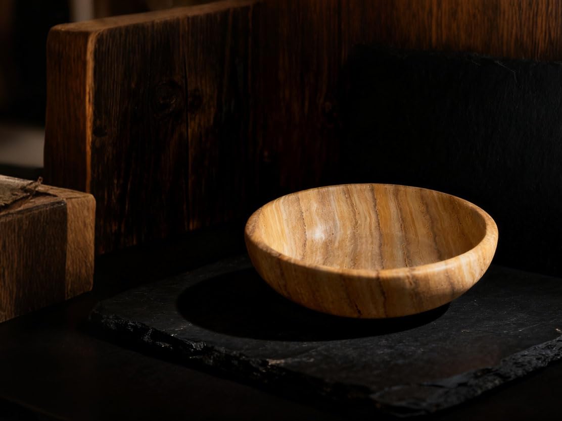 YeasHome Handmade Travertine Bowl Unique Pattern Natural Stone Centerpiece Bowl, 7.8" Decorative Key & Fruit Bowl for Bohemian Home Decor Kitchen Counter Entryway & Office Jewelry Holder, Art Object