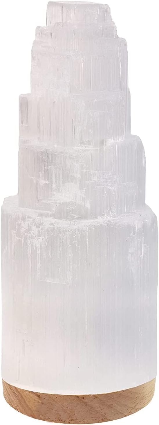 SALT 84 Selenite Crystal Lamp 20cm with Wooden Base, USB Powered Natural White Selenite Stone Night Light for Bedroom, Living Room & Home Decor