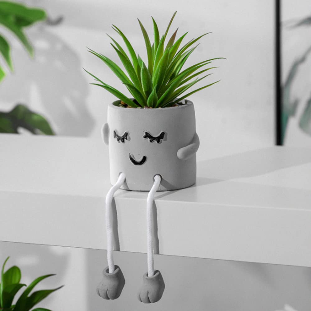 Zerzsy 3pcs Creative Artificial Succulents with Gray Flower Pots Bundle with 2PCS Cute Artificial Succulent Plants with Creative Human Shaped Pots