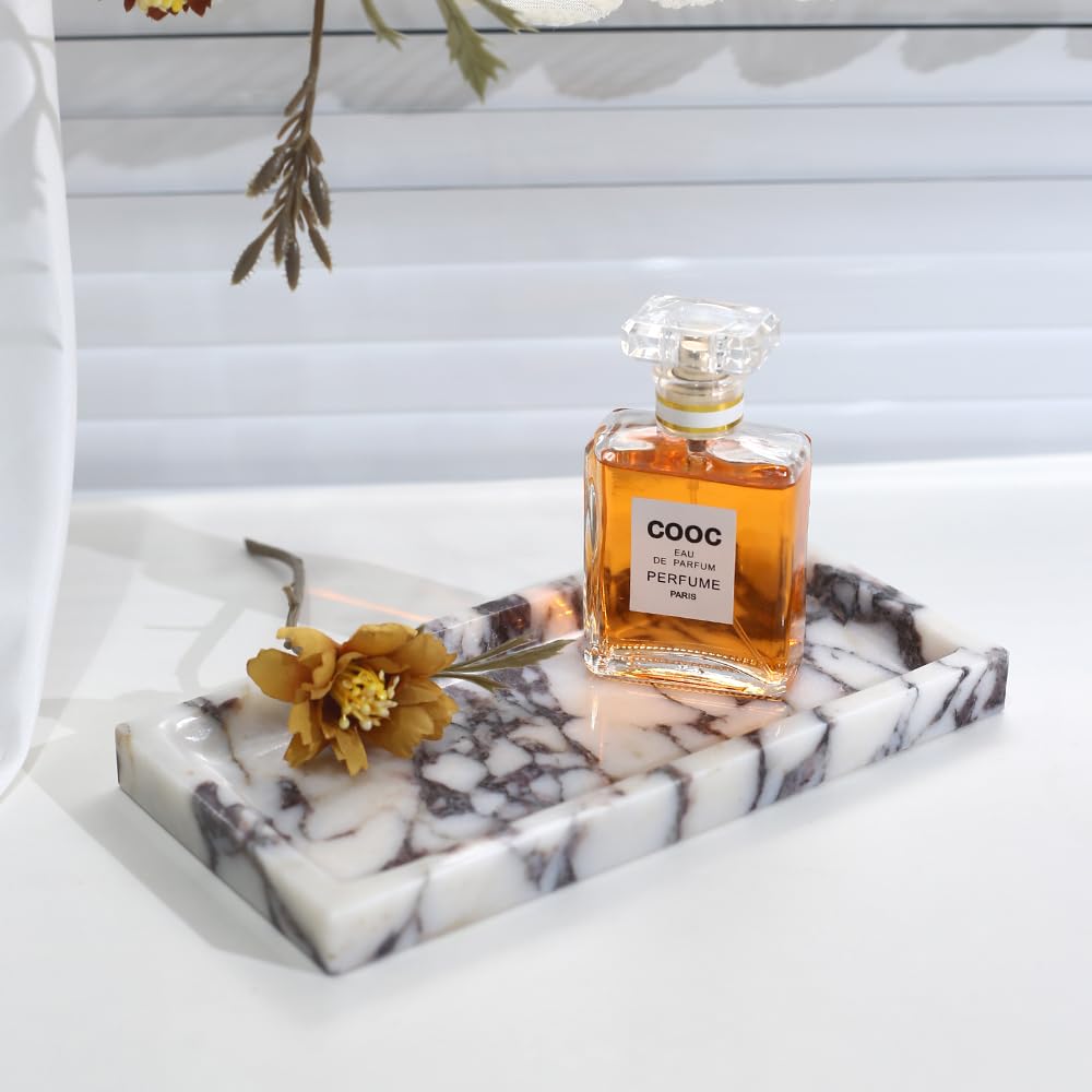 Small Marble Bathroom Tray, Real Marble Vanity Tray, Natural Stone Organizer for Countertop, Mini Marble Organizer for Jewelry Perfume Towel, Non-Resin Non-Ceramic (Calacatta Viola 7.9″ x 3.9″ x 0.7″)