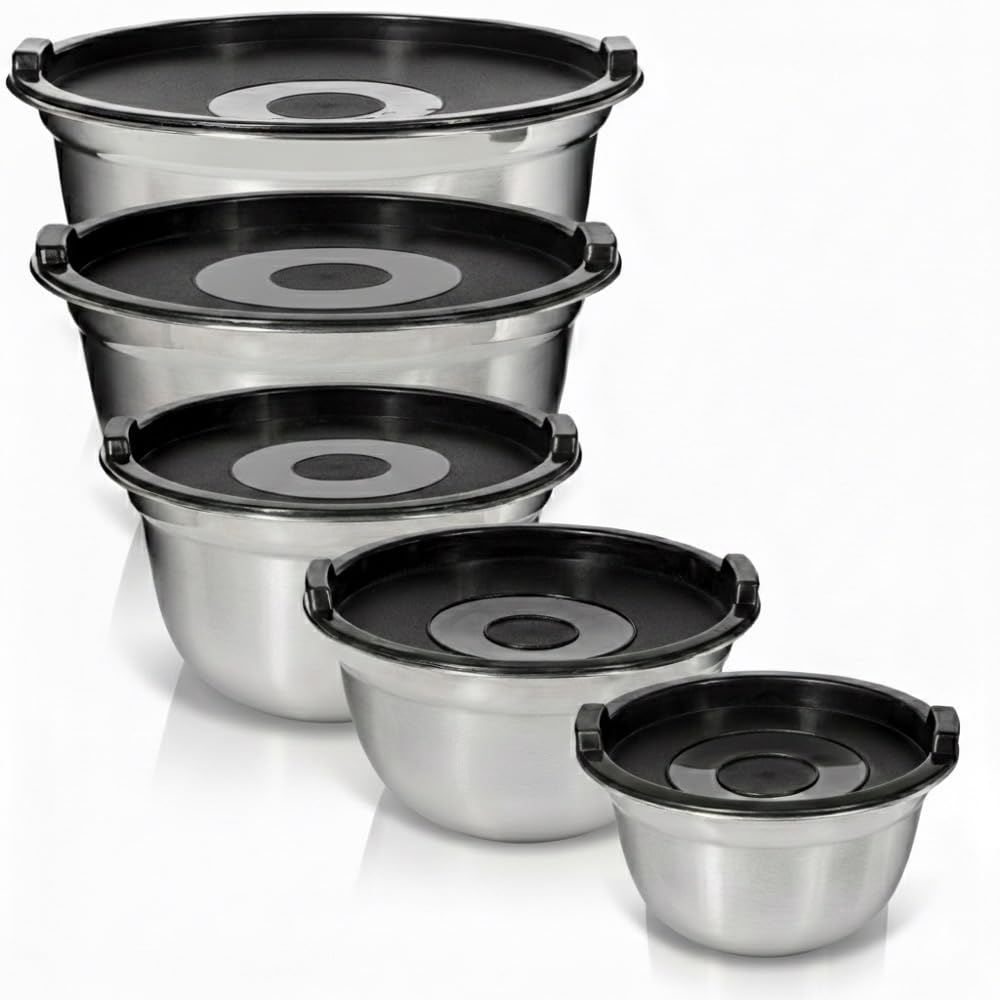 WHYSKO Stainless Steel Mixing Bowls with Lids Set - 5 Rustproof Metal Nesting Mixing Bowls Set for Kitchen, Meal Prep, Baking, Cooking, Storage, Dishwasher Safe - .75, 1, 1.5, 3 and 5 qt bowls