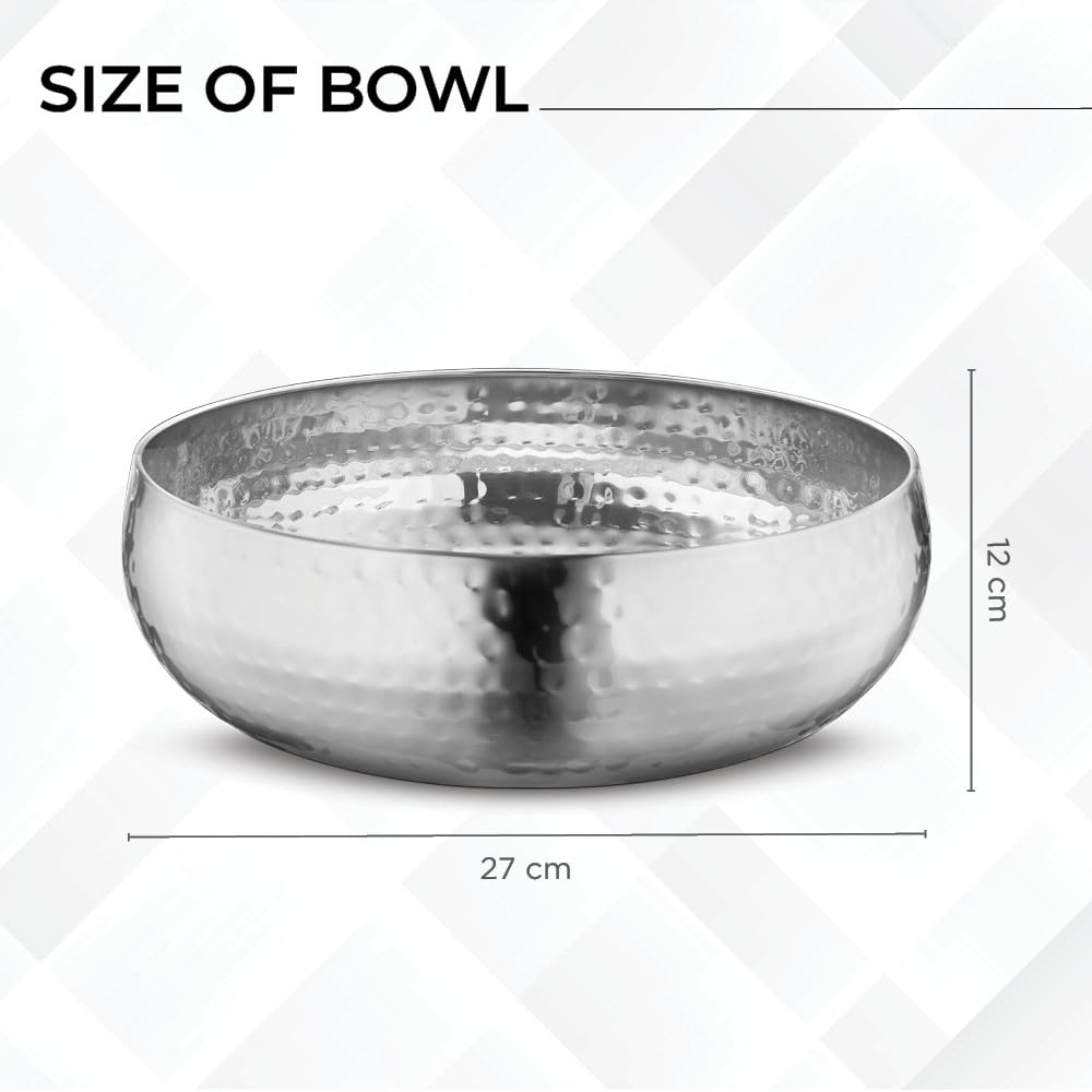 Avador® Set of 3 Premium Stainless Steel Salad Mixing Bowl Hammered Finish | Handmade | Includes Salad Serving Utensils (Stainless Steel)