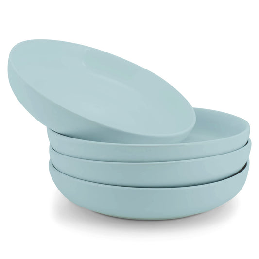 Elanze Designs Bistro Glossy Ceramic 8.5 inch Shallow Pasta Dinner Bowls Set of 4 - Perfect for Everyday uses from Italian Style Pasta to Caesar Salad, and Ramen to Pho, Ice Blue