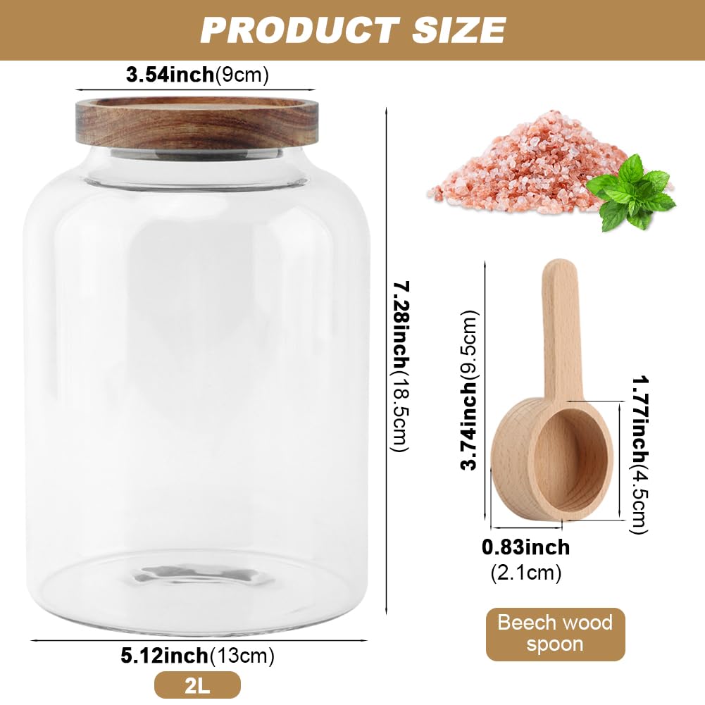 Kazheon 74 oz Bath Salt Container,Glass Bath Salts Jar with Wooden Lid and Scoop,Bathroom Organizers and Storage for Bath Flour Salt Candy Tea