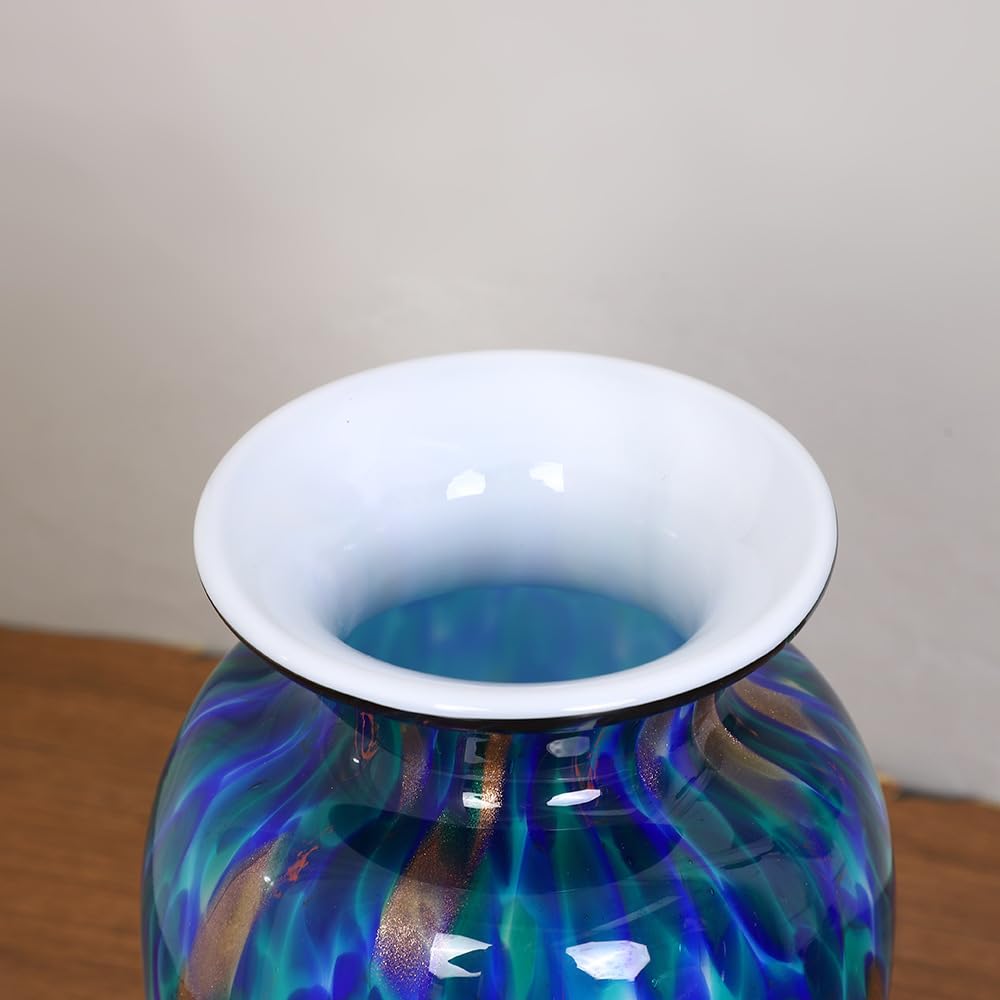Acever Handblown Art Glass Vase, Blue and Teal Elegant Bottle for Luxury Home Decor (A)