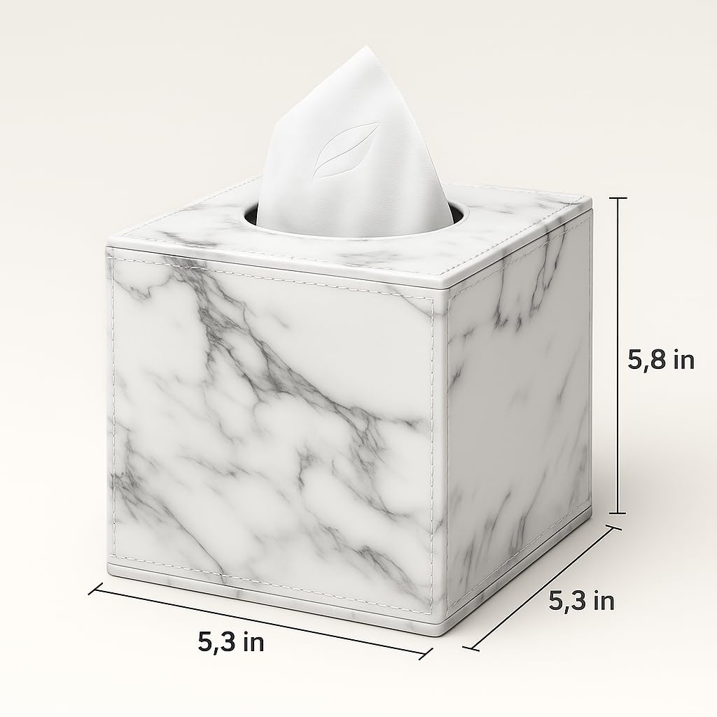 Luxury PU Leather Tissue Box Cover for Kleenex– Marble White Stylish Cube Dispenser for Home, Office, Car, Hotel – Square Tissue Holder with Magnetic Bottom