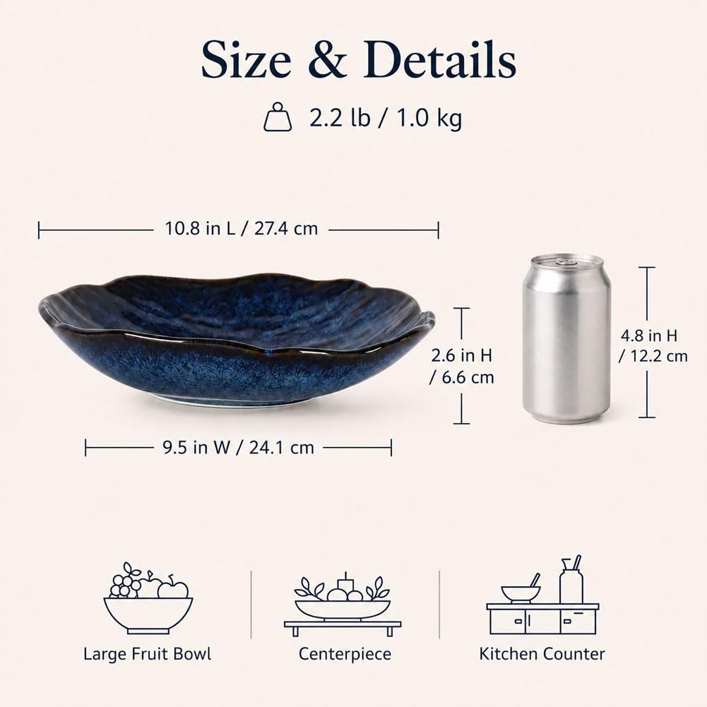 10.8" Blue Candy Dish, Navy Blue Decorative Bowl, Large Glazed Blue Pottery Bowl, Candy Bowl for Office Desk, Key Bowl for Entryway Table, Fruit Bowl Centerpiece for Coffee Table Living Room Decor