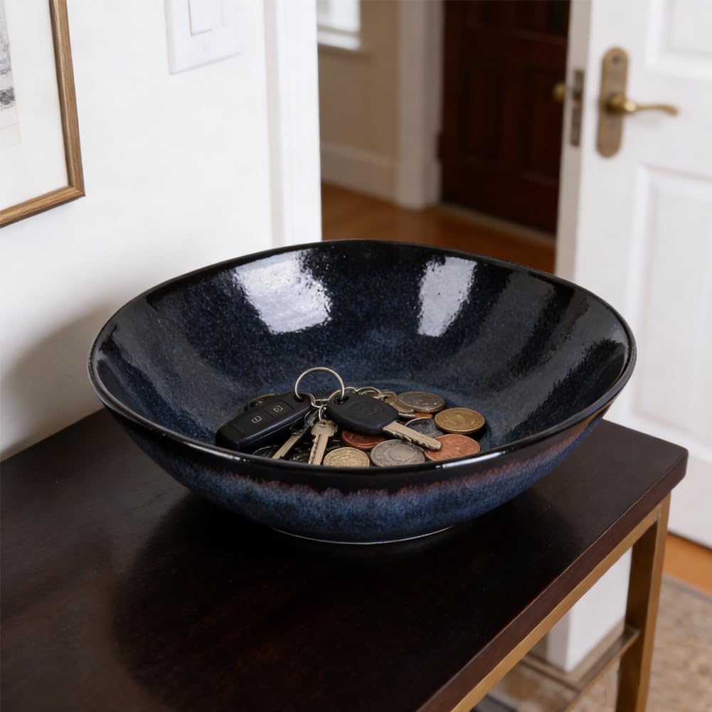 XIYOUQI Blue Decorative Bowl, 9.5" Blue Bowls, Ceramic Fruit Bowl，Pottery Key Bowl for Entryway Table, Candy Dish, Jewelry Trinket Dish, Fruit Bowl for Kitchen Counter, Glazed Bowl for Home Decor