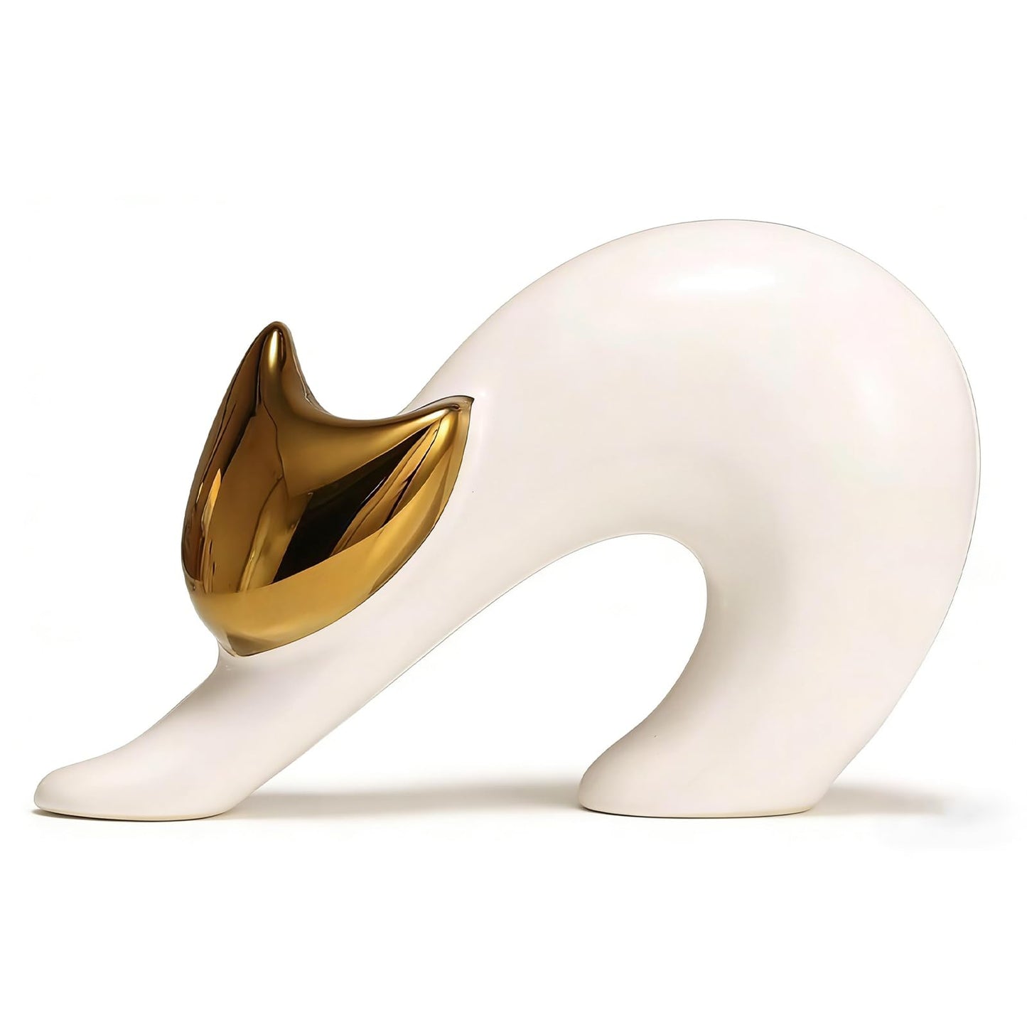 XIYOUQI Cat Statues Home Decor White Ceramic Cat Figurine, Gold Cat Figurine Accent, Modern Cat Sculpture 7.9in, Desk Cat Statue for Office Shelf