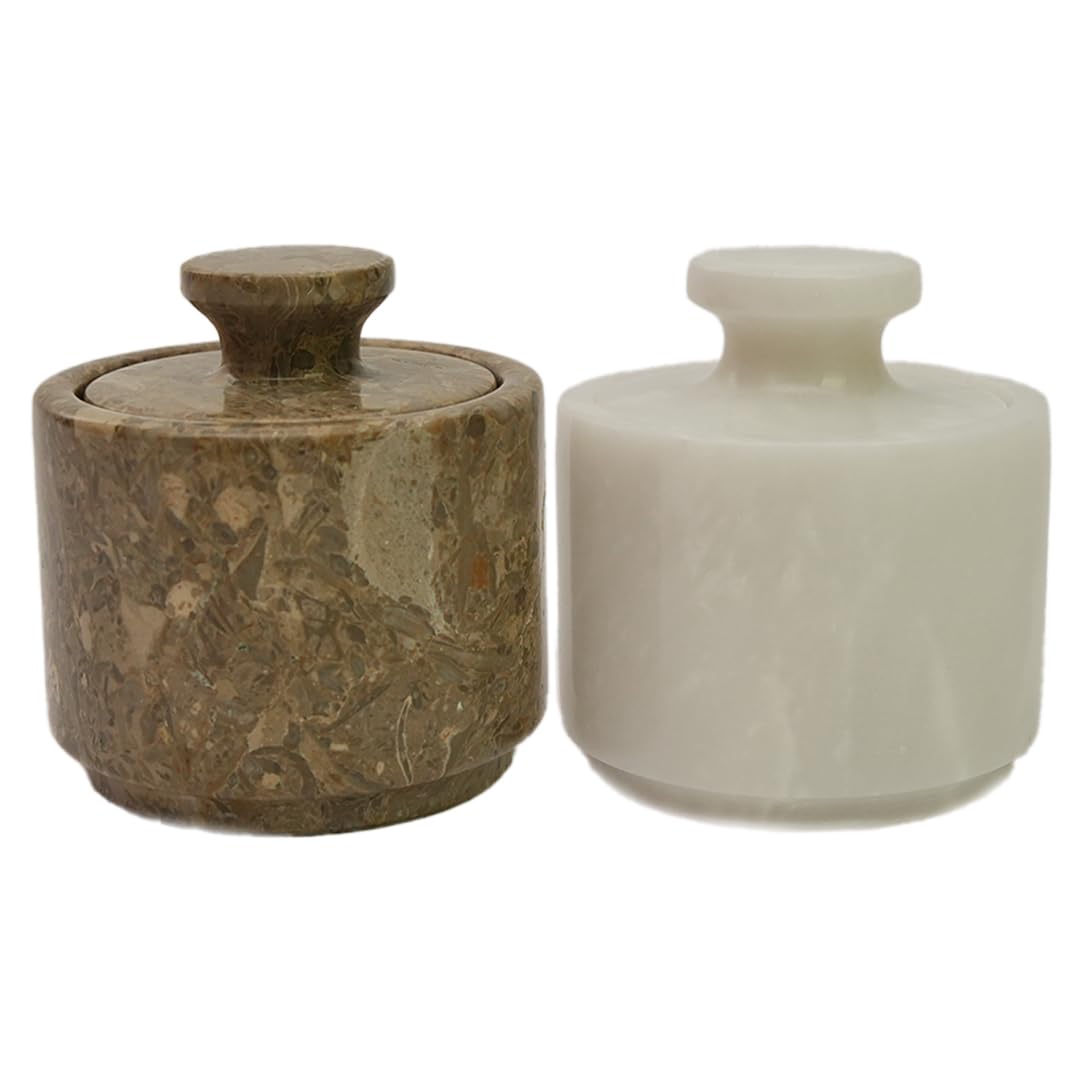 Marble Salt Cellar with Lid - Stone Salt Container for Countertop, Salt Box Keeper for Kitchen Counter, 3.5 oz OceanicX Marble Cellar (White Oceanic)