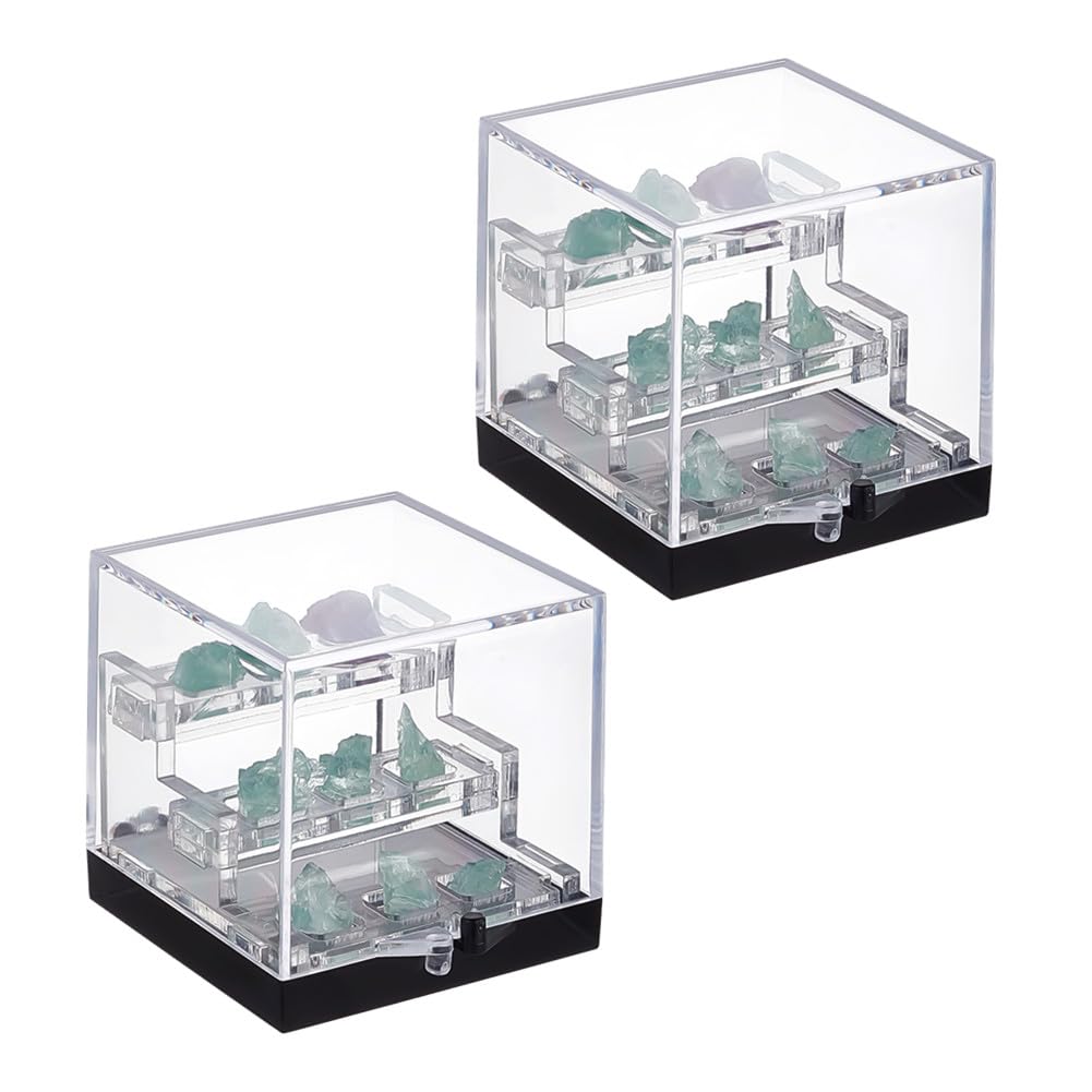 BENECREAT 2Pcs 3-Tier Clear Display Case, 2x2x2Inch Square Specimen Display Case Mineral Crystal Boxes for Collectibles Action Figures Plant Mineral Stone