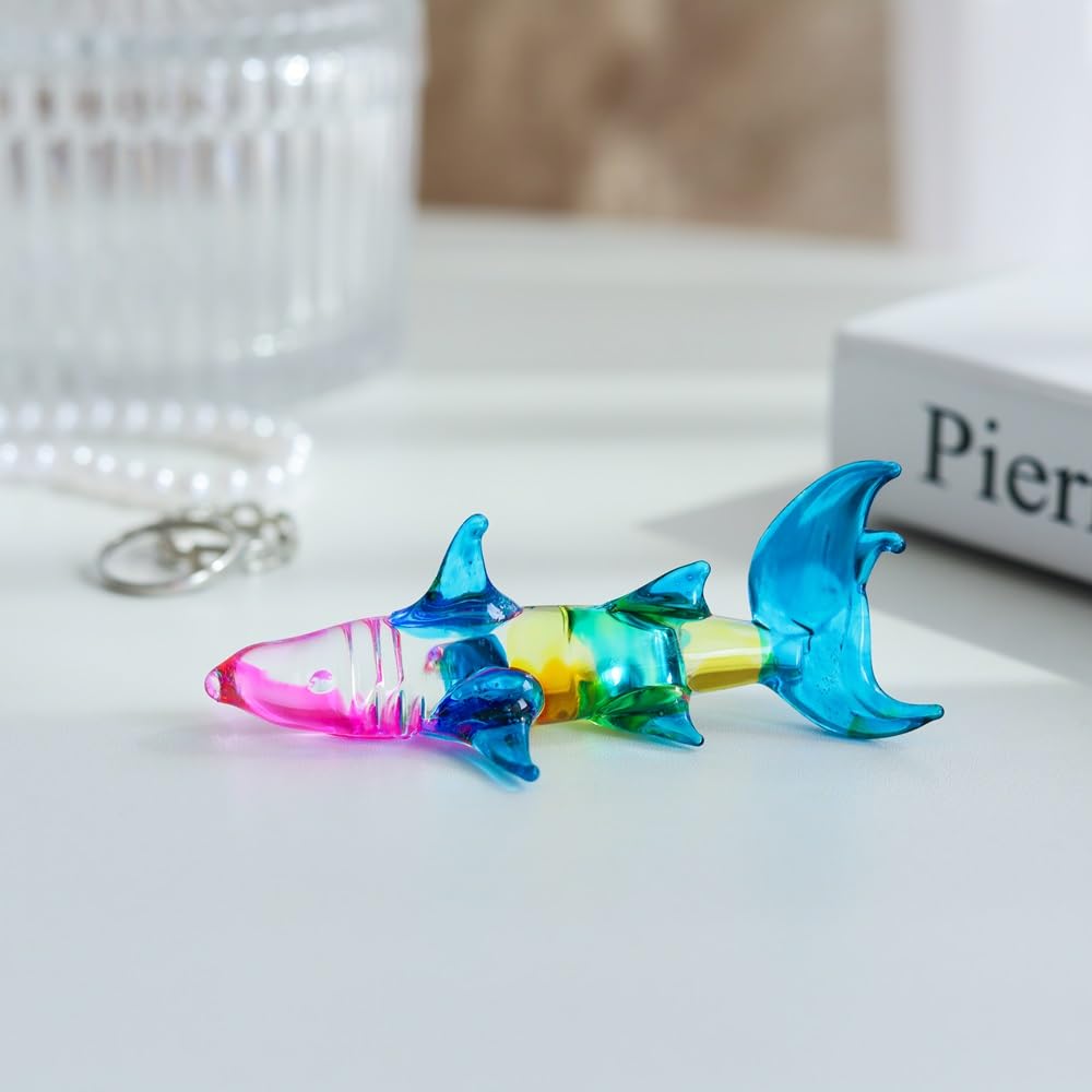 M Audomsak Art Glass Blown Animal Figurine Shark Colorful Animals Collection Gift Collectibles and Table Accessories.