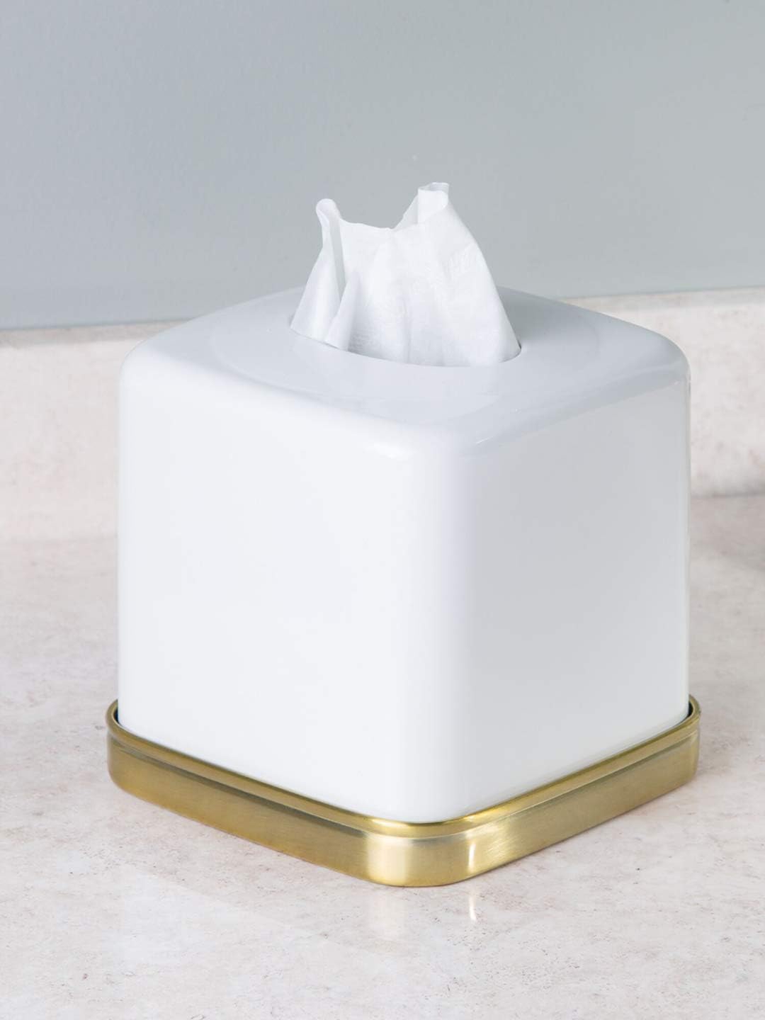 iDesign York Decorative Steel Tissue Box Cover - 5.5" x 5.5" x 5.5", White/Soft Brass