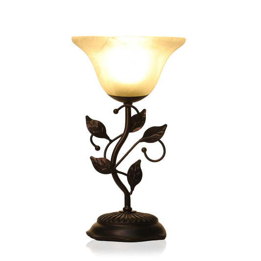 Vintage Table Lamp, Metal Leaf Black Base Decor Lamp, 7.28×7.28×14.29 inch LED Floral Desk Light, With frosted Glass Shade, One-Button Switch for Bedroom, Living Room, Nightstand, LED Bulb Included