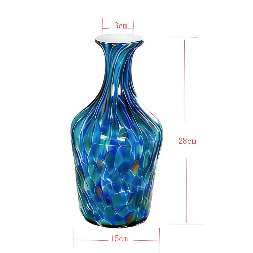 Acever Handblown Art Glass Vase, Blue and Teal Elegant Bottle for Luxury Home Decor (A)
