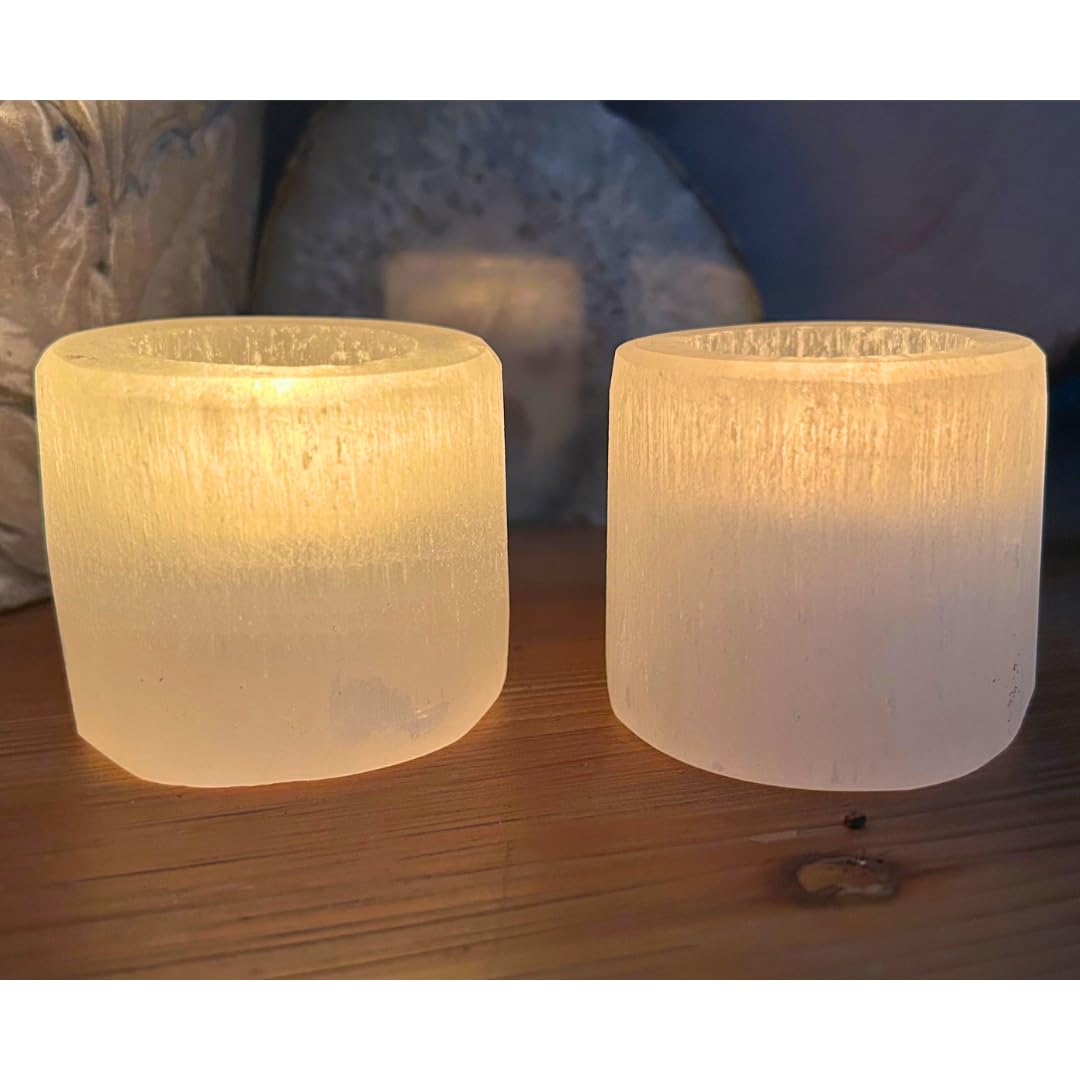 Selenite Tea Light Candle Holders Set of 2 – 2.5" Natural Moroccan Crystal Tealight Votive Cups – Reiki Energy Infused Raw Healing Crystals for Home Decor, Meditation Altars & Spiritual Gifts
