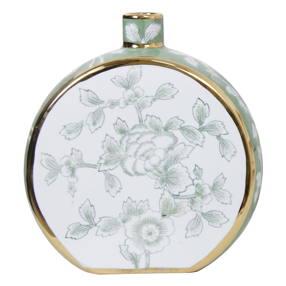Andaliz Dual-Sided Floral Ceramic Vase with Gold Trim, Compact Chinoiserie Hand-Painted Vase for Home Decor, 10.2 Inch Decorative Vase for Tabletop, Shelf Display