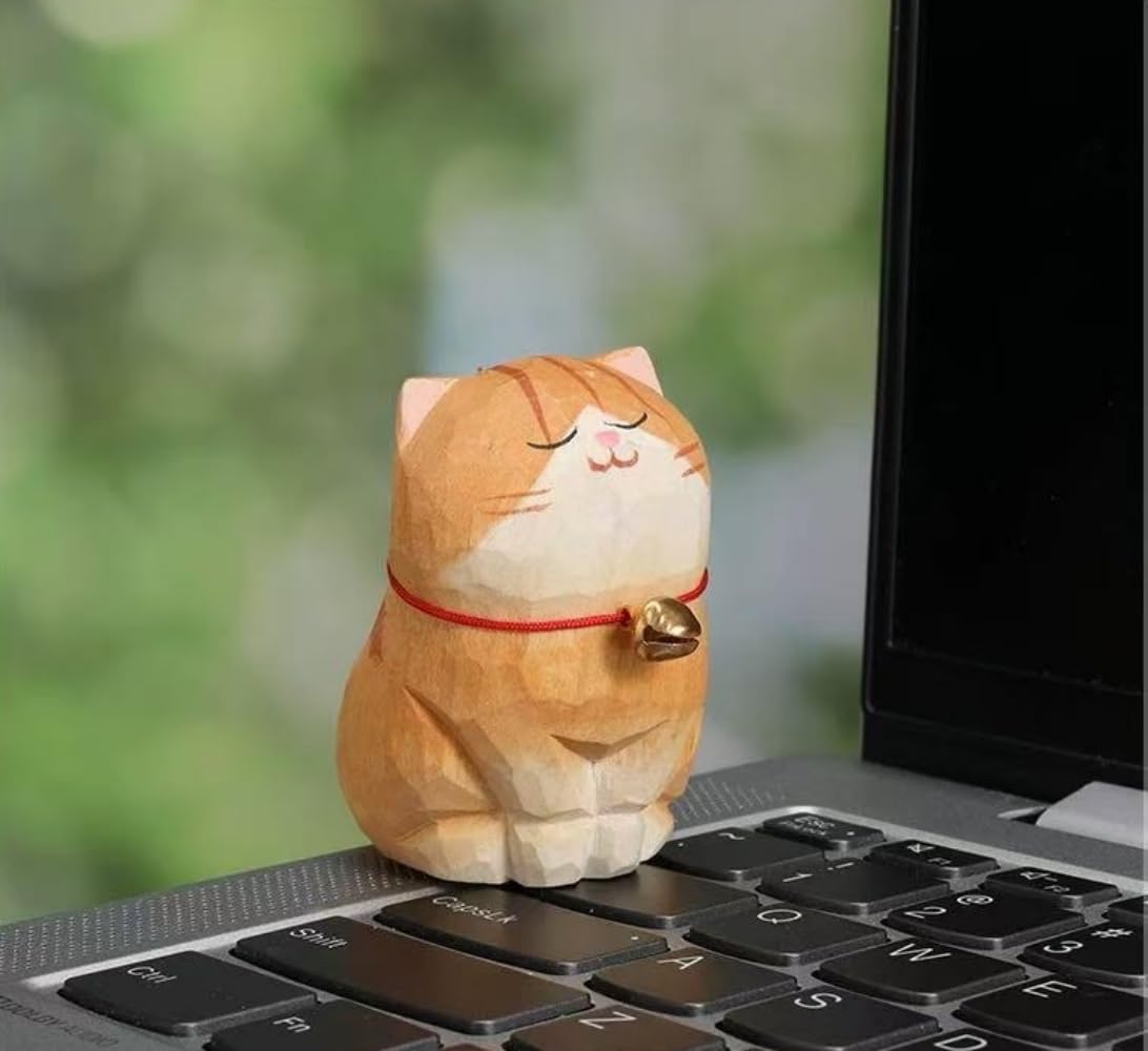 Handcrafted Wooden Orange Cat Figurine – 2.2" Small Carved Ginger Cat Statue – Rustic Wood Mini Cat Sculpture – Cute Home Décor Gift for Cat Lovers & Collectors
