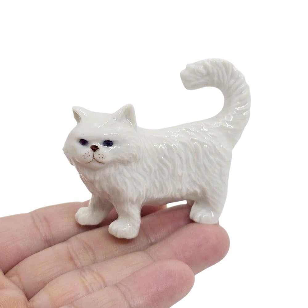 WitnyStore 2½" White Persian Longhair Cat Stand Look Left Ceramic Figurine Terrarium Decoration Collectible Statue for Adult Collectors Handcrafted Porcelain Sculpture Home Room Tabletop Decors