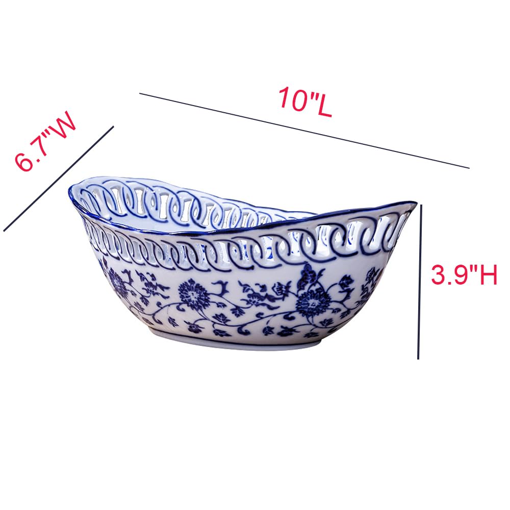 Aimusego Blue and White Porcelain Fruit Bowl, Hand Painted Floral Retro Hollow Ceramic Fruit Tray Plate Dish, Colander, Chinoiserie Oval Decorative Candy Serving Basket for Housewarming