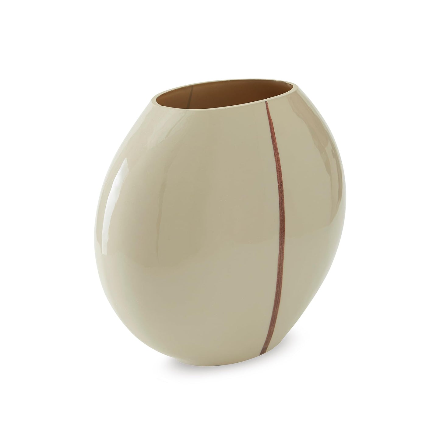 Signature Design by Ashley Sheabourne Cream Glass Vase, Contemporary Tabletop Accent with Hand-Painted Copper Line, Wide Mouth Sculptural Centerpiece for Living Room, 10" x 5" x 9"