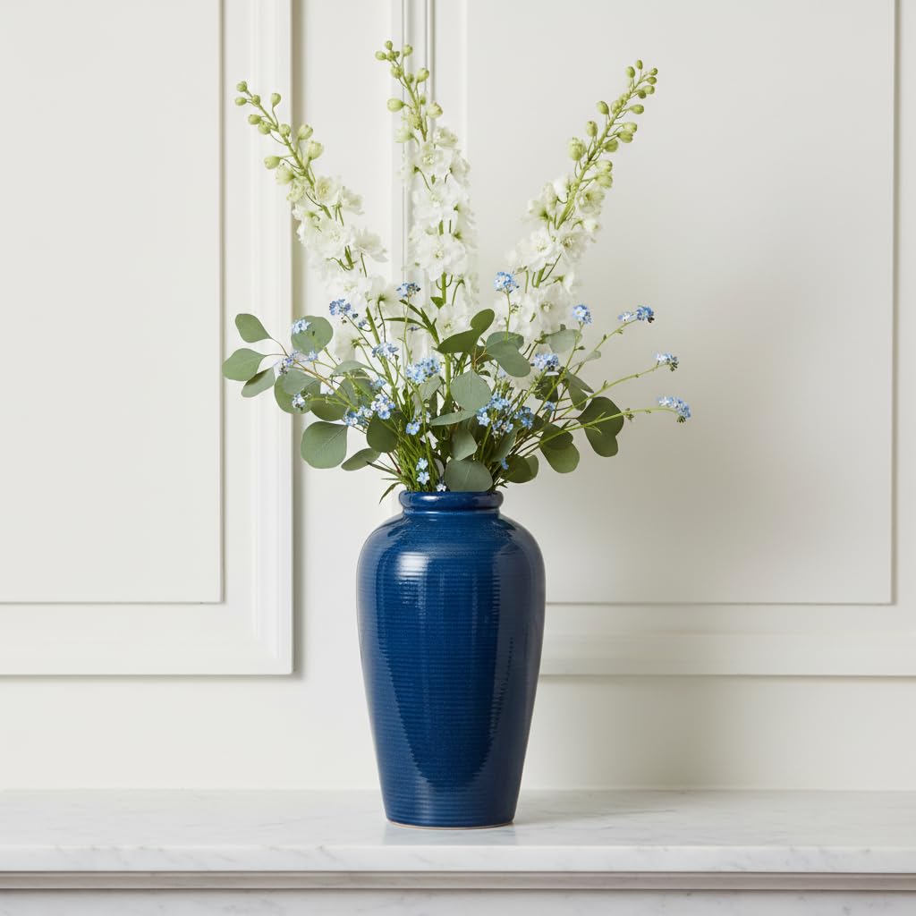 Wancetang Blue Ceramic Vases Home Decor - 11 Inch Tall Farmhouse Vases for Flowers, Modern Textured Vase for Centerpieces, Living Room, Kitchen Island Decor, Fireplace, Entryway Decorations
