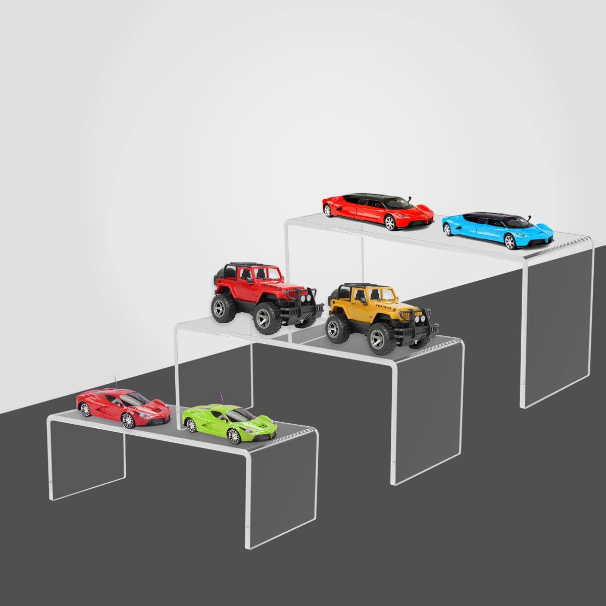 ADColor 6 Pack Acrylic Display Risers, 3 Sizes Clear Product Stand, Jewelry Display Riser Shelf Showcase Fixtures For Collectibles Display, Toy Figure Display - 2 Sets (8.4" to 10")
