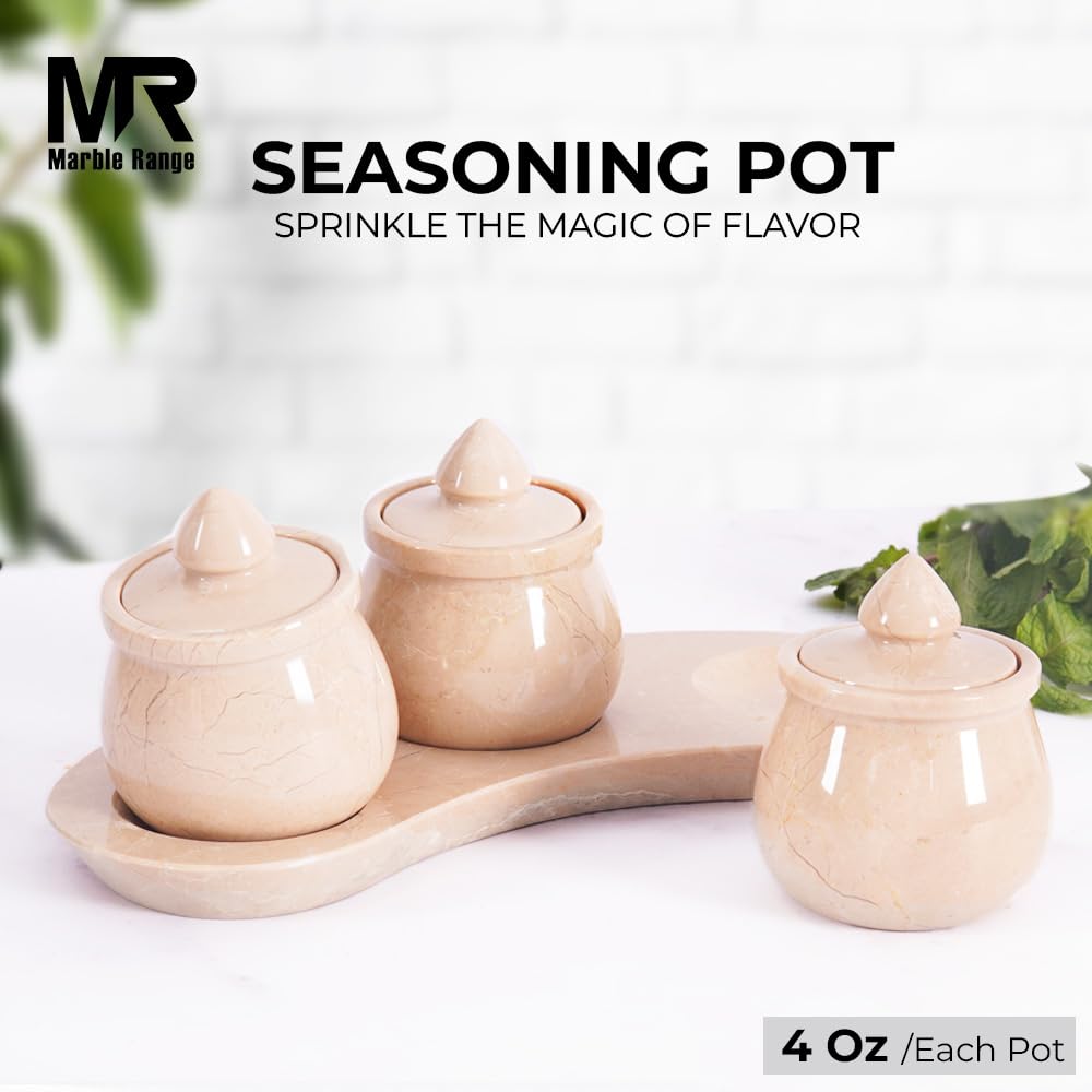 Marble Salt Cellar with Lid 3.5 Inch Natural Verona Stone Salt Holder with Tray Set of 3, Stylish Countertop Jar for Spices, Sugar, Seasoning, Condiments & Dining Table Use